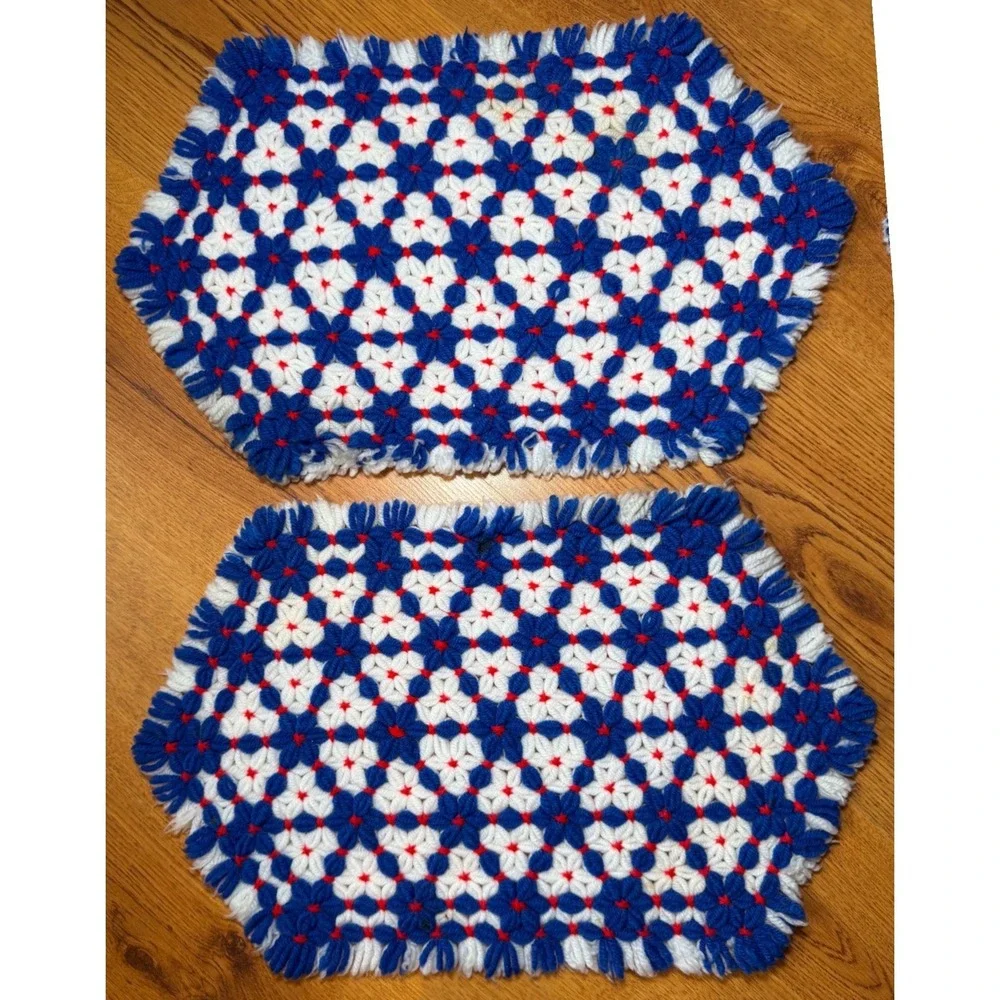 Vintage Handmade Crochet Loom Knit Placemats Blue Red White Geometric Patriotic
